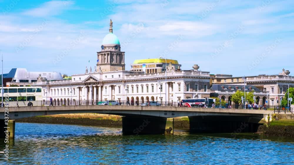 Sticker dublin, ireland. the custom house in dublin, ireland during the sunny day in summer. time-lapse with