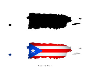 Vector isolated simplified illustration iconы with black silhouette of Puerto Rico (islands) map and map with Puerto-Rican national flag . White background