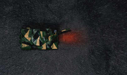 Aerial view of toy tiger tank on the asphalt and in the rain