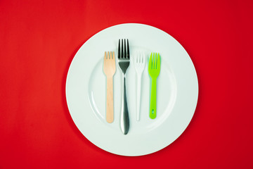 Cutlery and plate. Eco-friendly life - organic made recycle kitchenware in compare with polymers, plastics analogues. Home style, natural products for recycle and not harmful to the environment and