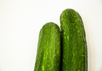 two juicy green cucumbers on a white background close-up