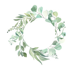 Watercolor hand painted leaves frame.Watercolor floral illustration with branches -  for wedding invite, stationary, greetings, wallpapers, background.