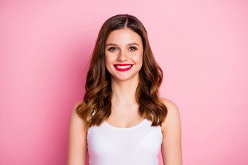 Fototapeta premium Portrait of satisfied optimistic funky energetic girl enjoy her spring holiday weekends smile beaming wear modern clothing isolated over pastel color background