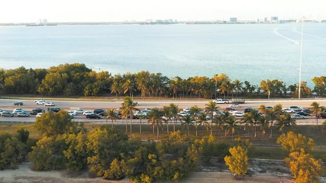 Aerial of stalled traffic on Julia Tuttle Causeway due to emergency Miami Beach Florida, truck left