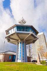 Travemuende, Germany: Control tower of the traffic center at the river mouth of the Trave river in...