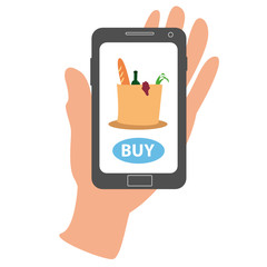 Food delivery. Illustration of a home delivery application. Service for ordering food online by phone with a button to order food. Vegetables and fruits in a paper bag on a white background. Vector 