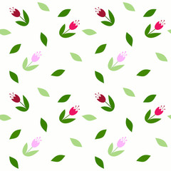 Seamless spring vector pattern with the image of stylized flowers of tulips and individual leaves on a white background in a flat style. This is great for scrapbooking or notebook covers.