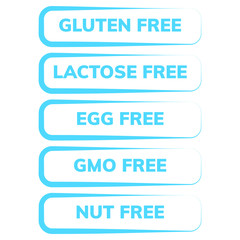 Stickers for healthy food. Zero lactose, gluten, egg, GMO, nut icons vector. 