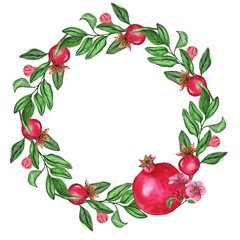 Watercolor wreath with pomegranate for wedding cards, romantic prints, fabrics, textiles and scrapbooking.