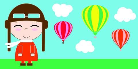 Pilot boy and balloons in the sky with clouds. Little boy dreamer of flight