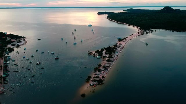 Moving drone footage of the Ilha do Amor near Lago Verde on the Tapajos River in Alter do Chao, Para, Brazil.