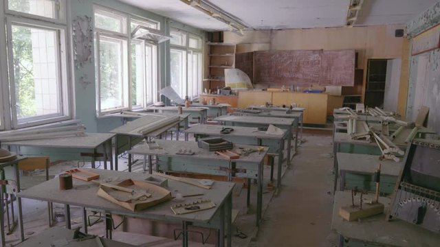 Pripyat School Abandoned Classroom During The Chernobyl Nuclear Disaster In Ukraine - Medium shot