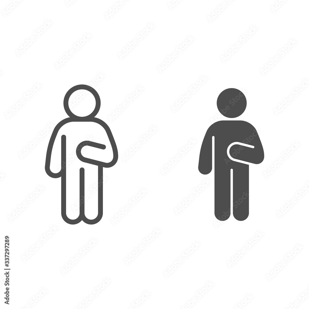 Poster guy idler line and solid icon. man in front pose with raised hand on the right outline style pictogr