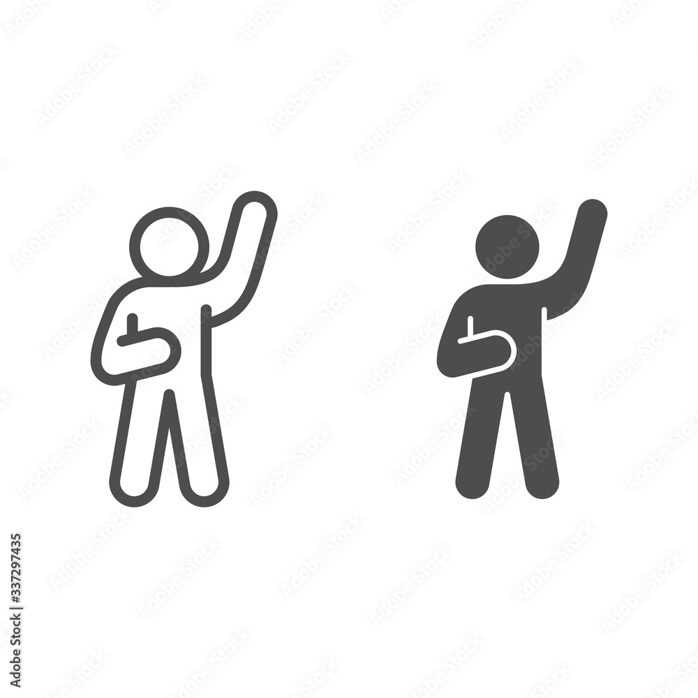Poster assurance or hello pose line and solid icon. man with his right hand raised up outline style pictogr
