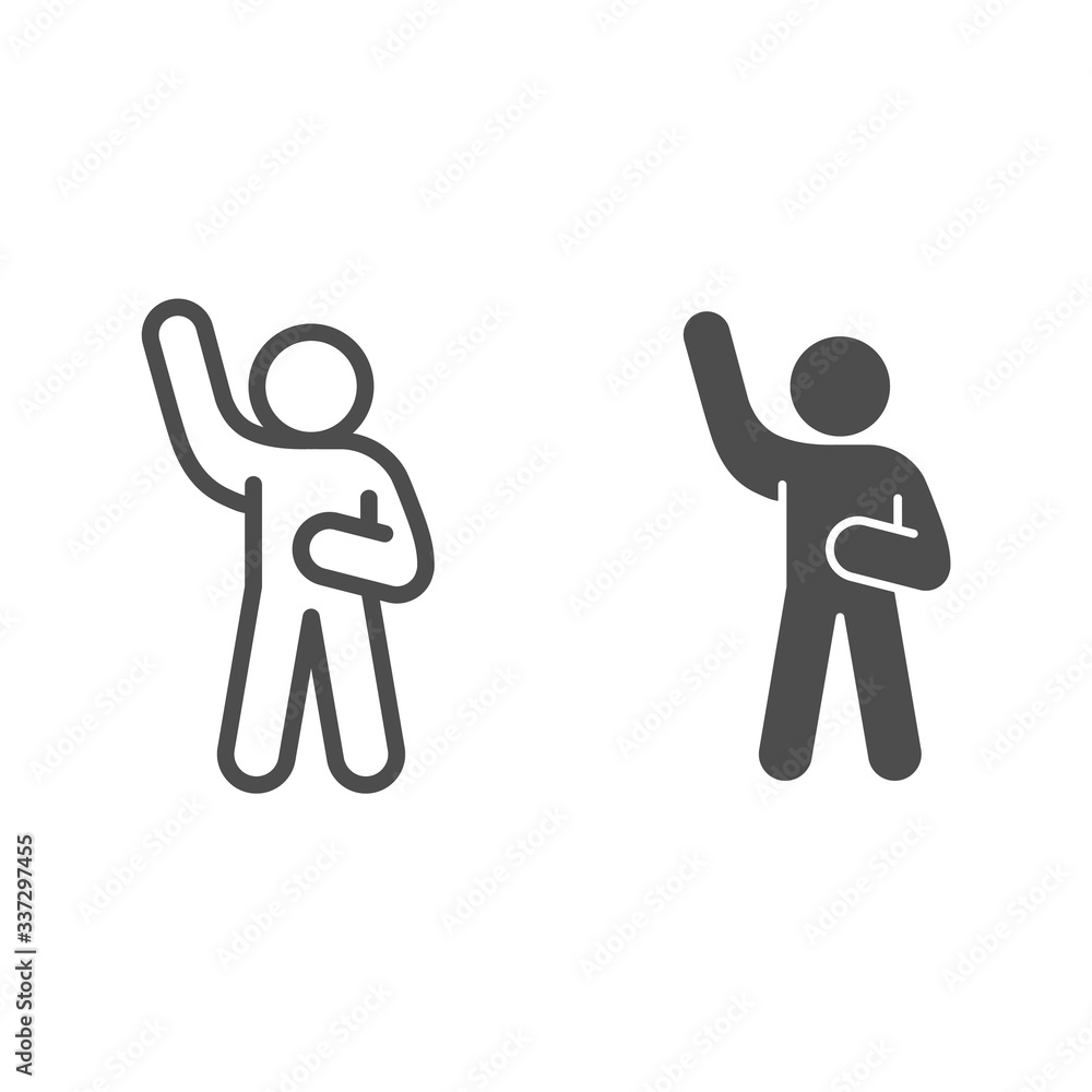 Poster assurance or hello pose line and solid icon. man with left hand raised up outline style pictogram on