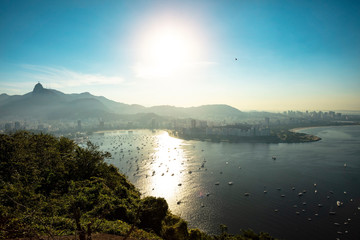 Panoramic view of Guanabara Bay and Christ the Redeemer in the background in Rio de Janeiro at sunset, Brazil