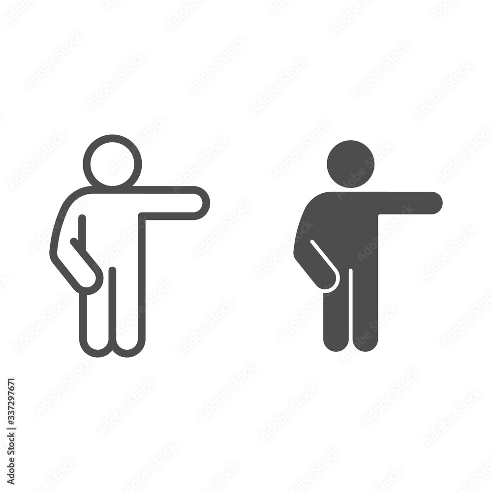 Poster man point to the right line and solid icon. man with one arm down and hand pointing right outline st
