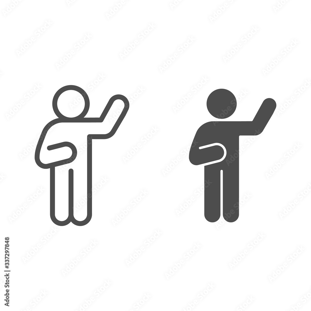 Poster hello pose line and solid icon. man with raised hand and lowered hand on left outline style pictogra
