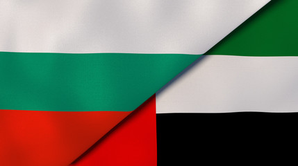 The flags of Bulgaria and United Arab Emirates. News, reportage, business background. 3d illustration