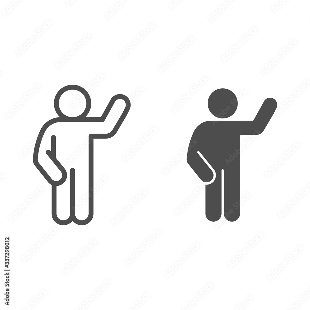 Poster waving gesture line and solid icon. man with hand raised up and left hand down outline style pictogr