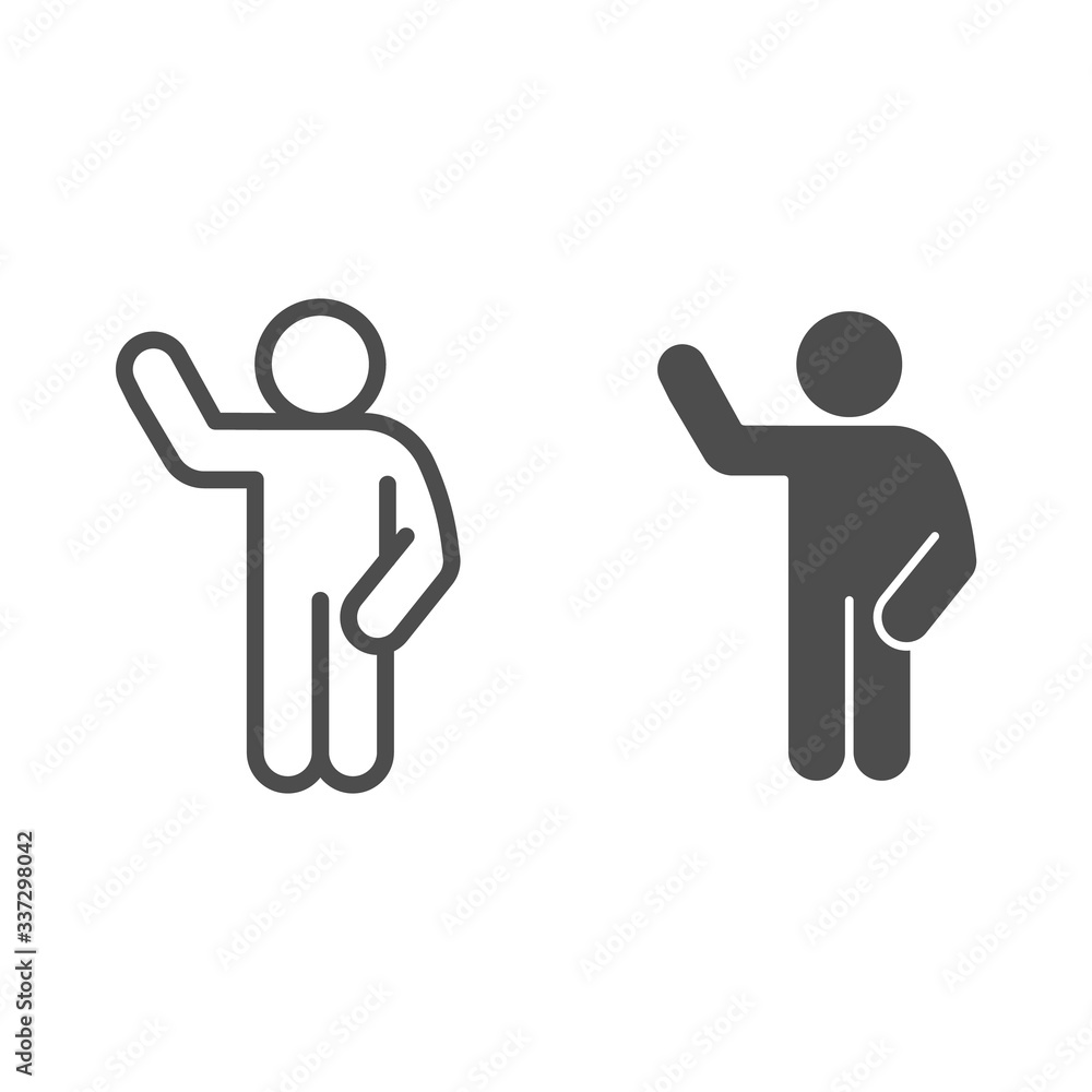 Poster waving gesture line and solid icon. man with raised hand and lowered hand on the right outline style