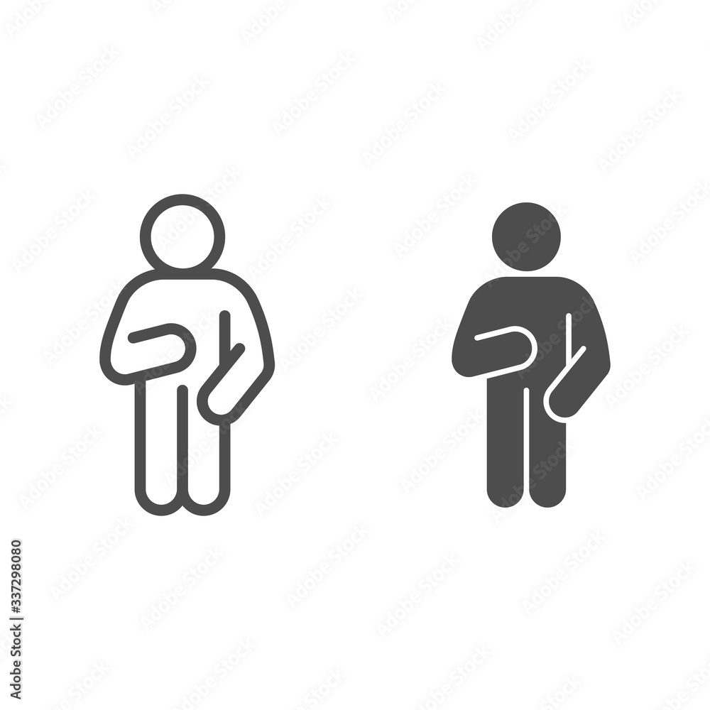 Poster relax man pose line and solid icon. man with arm down on the right and raised arm on the left outlin