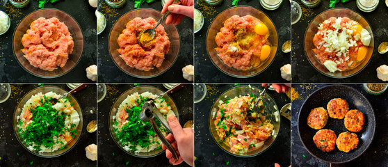 Food collage. Step by step cooking of cutlets. Meatball Recipe. Ingredients.