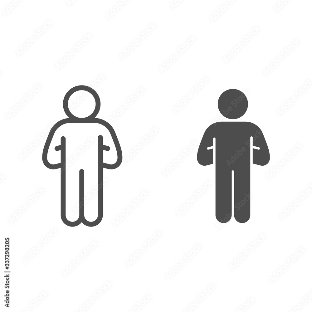 Poster proud human pose line and solid icon. man with hands down behind outline style pictogram on white ba