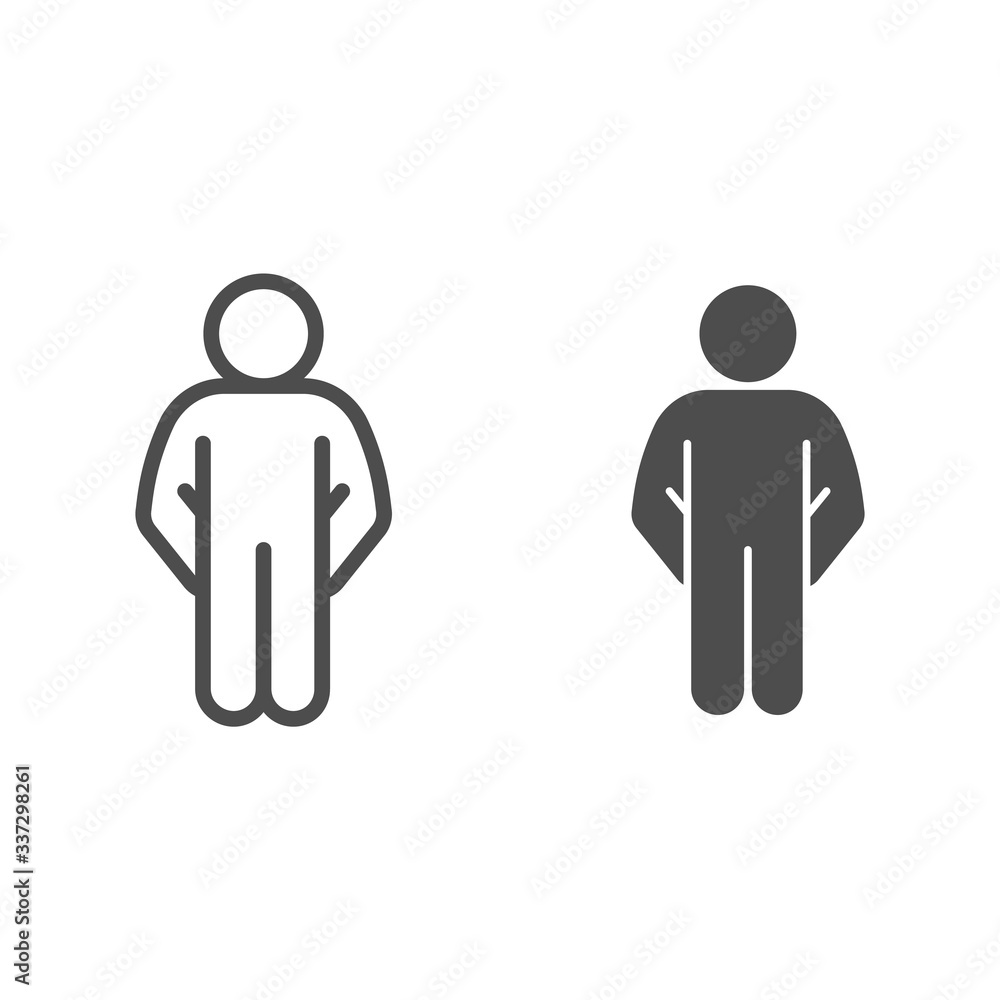 Poster confused human pose line and solid icon. man with hands in pockets outline style pictogram on white 
