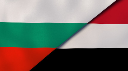 Obraz premium The flags of Bulgaria and Yemen. News, reportage, business background. 3d illustration