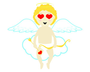 Cupid in love isolated on white background. Cupid with bow and arrow sitting on cloud, smiley face with heart-shaped eyes. Vector stock illustration. Valentine's day card. Vector stock illustration. 
