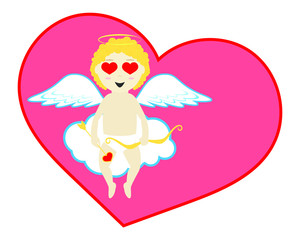 Cupid in love with bow and arrow, smiley face with heart-shaped eyes sitting on cloud on big heart. Vector stock illustration. Valentine's day card.