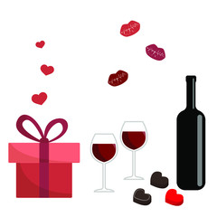 red wine and gift boxes, lips, valentines day or romantic evening