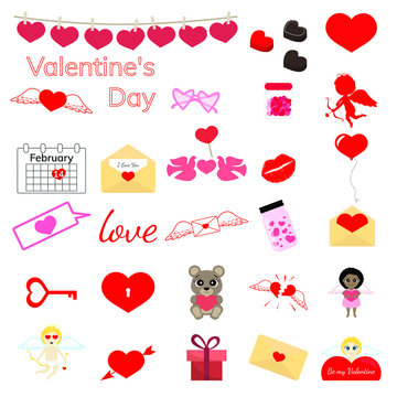big valentines day set with cupid, balloon, envelope, calendar, kiss, lips, hearts, toy, gift,key