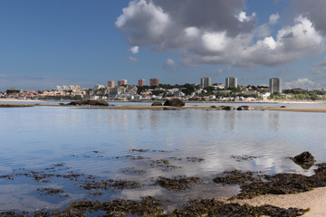 Obraz premium Panoramic view across river Douro to Oporto with water reflections and algae in the foreground