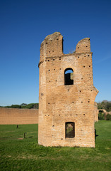 One of the towers at the entrance to the Circus of Emperor Maxentius. This large archaeological site is located along the Via Appia Antica an important commercial street of ancient Italy. Rome.