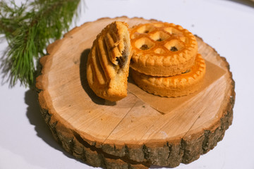 Confectionery - still life. Cookies, bakery products, tangerines, eggs. Cooking dessert and sweets. Sugar and cafe. Coffee or tea to buns. Still life with food