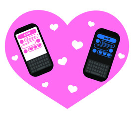 Love phones with messages, chat and hearts. smartphones girl and the guy (dark theme). Valentines Day, vector stock illustration.