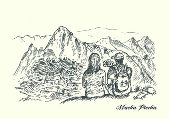 Sitting couple of young travelers taking pictures in front of fabulous Machu Picchu ancient city ruins.  Hand drawn vector illustration.
