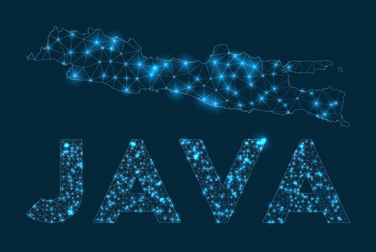 Java network map. Abstract geometric map of the island. Internet connections and telecommunication design. Vibrant vector illustration.