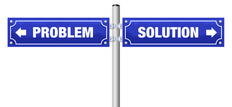 PROBLEM and SOLUTION written on blue street signs. Isolated vector illustration on white background.
