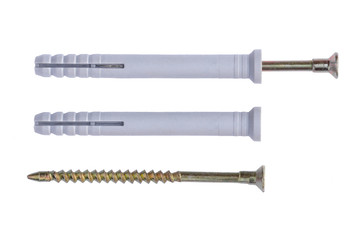 Fixing expansion dowel with polypropylene spacer. Plastic dowel with steel screw closeup isolated on a white background. Threaded fastener.
