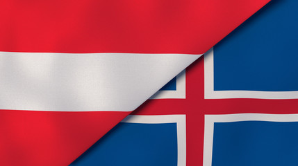 The flags of Austria and Iceland. News, reportage, business background. 3d illustration