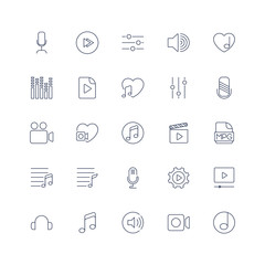 
Linear icons on the theme of multimedia, video music.