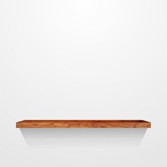 Wooden shelf on light grey wall background. Plain abstract illustration.