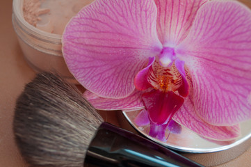 Mineral powder and orchid. Women's cosmetics. Beauty and fashion.