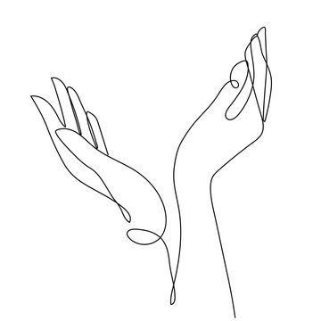 One line hand drawing. arms reaching up, an Islamic praying and a symbol of faith mosque. The concept of a religious image of a Muslim.