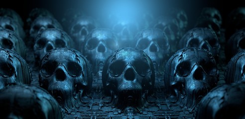 Scary occult still life with human skulls and science fiction surface. Alien technology with organic circuit board structure. 3D rendering © CROCOTHERY