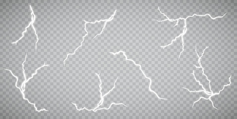 Set of lightnings. Thunder-storm and lightnings. Magic and bright lighting effects. Vector Illustration - obrazy, fototapety, plakaty