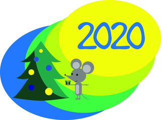 Cute mouse with a gift at the Christmas tree. 2020 year postcard. Flat vector illustration.